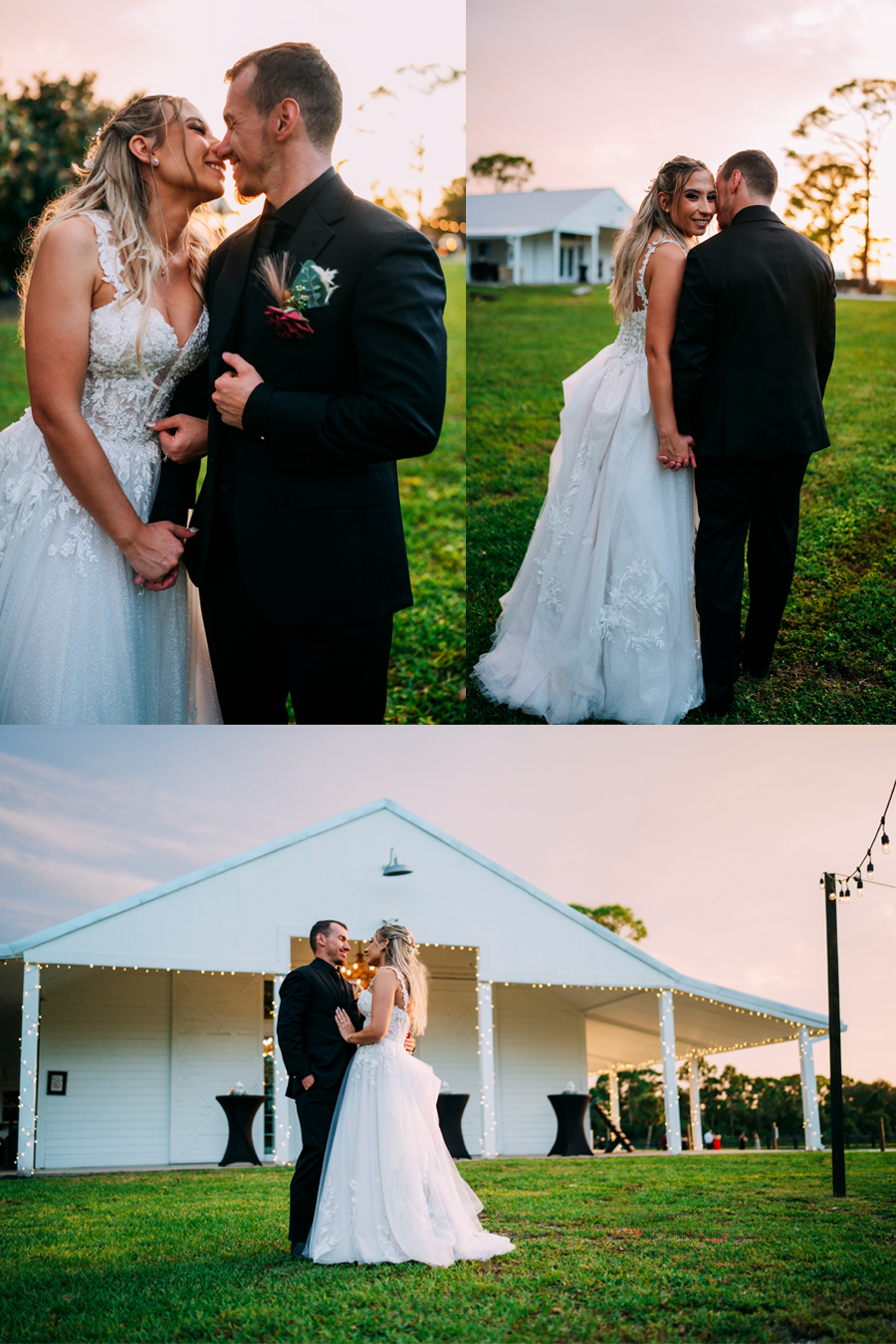 Collage of bride and groom posing at sunset in front of the farm at Ever After Farms Ranch